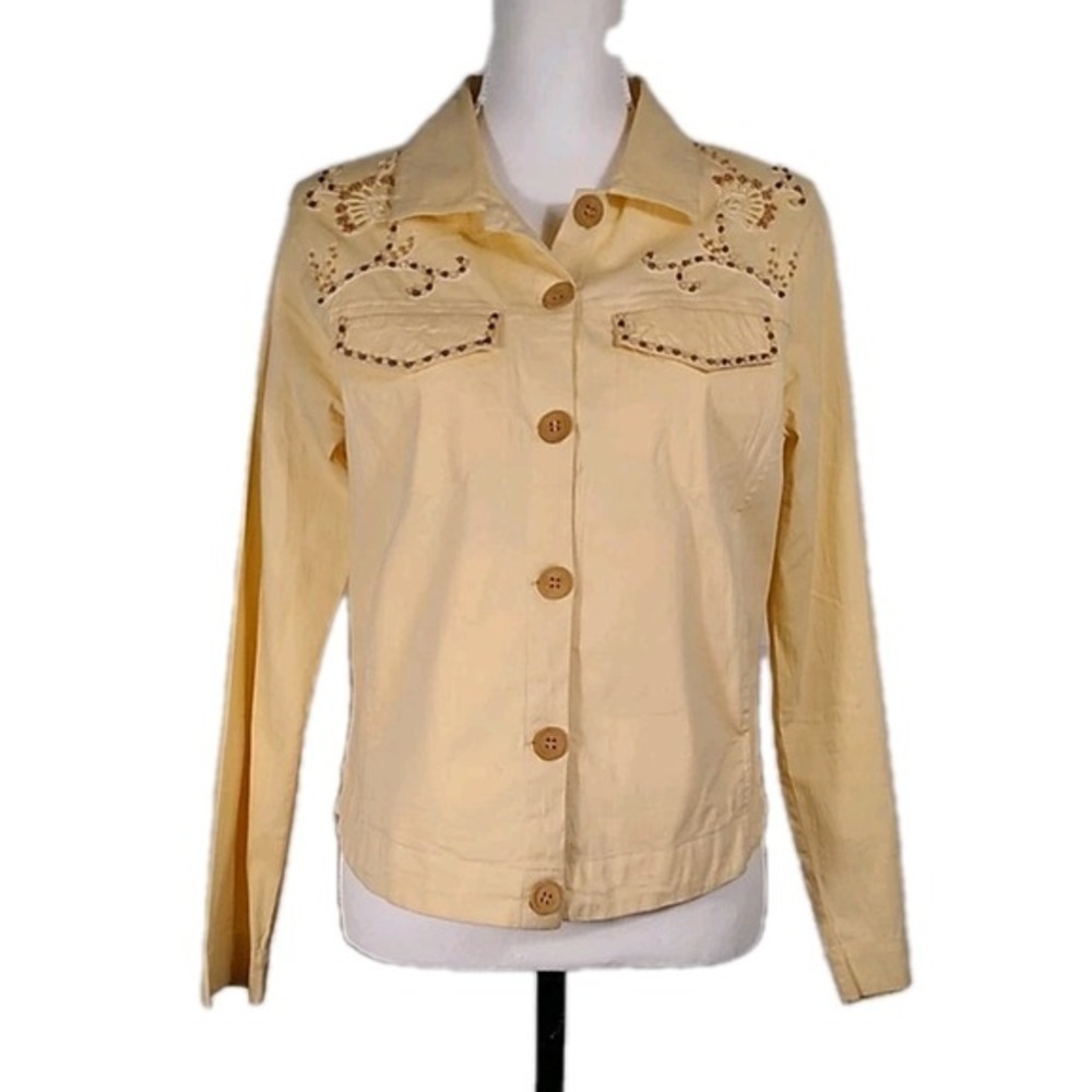 VTG 70s 90s Western Wood Beaded Shacket Shirt Women's Butter Yellow Sz M Cowgirl